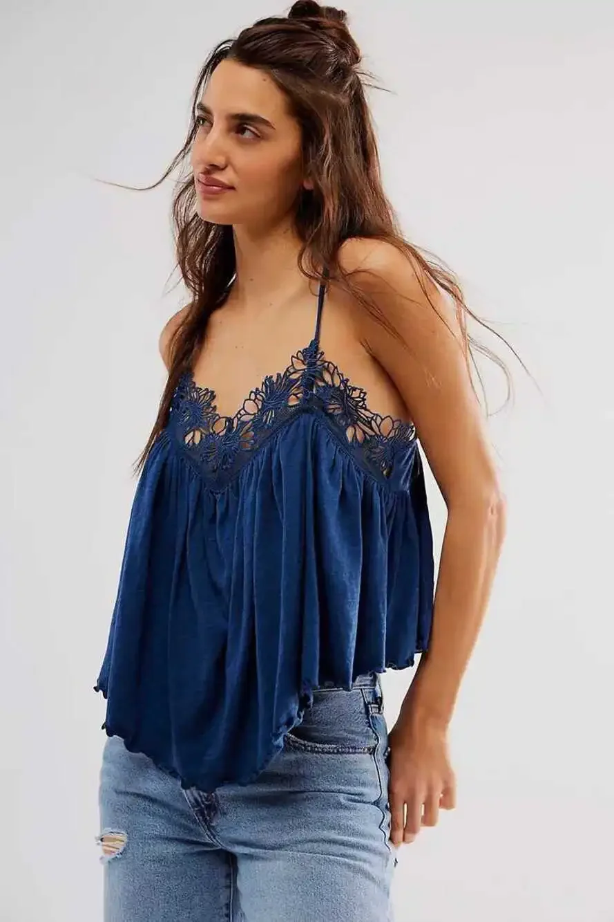 NWT Free People Kayla Tank Navy Blue Boho Lace Trim Cami Top